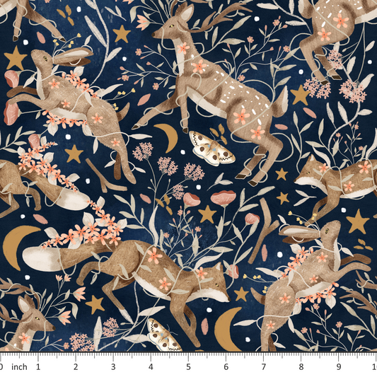 Claire Eddie Art - Pearly on Midnight Blue - Little Rhody Fabric Exclusive Colorway - Woodland Animals