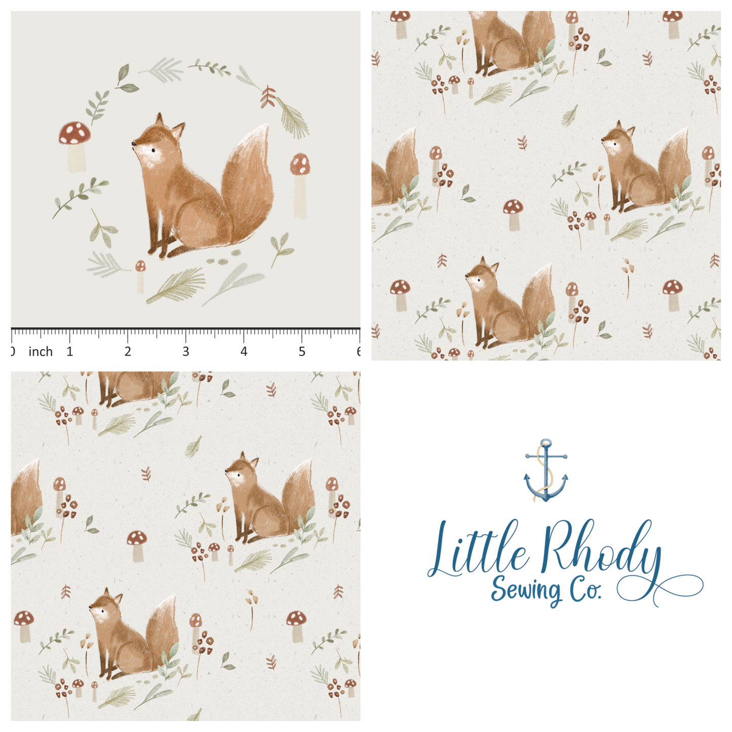 Lumelo and Ginger - Oaker - Fox - on Ecru - 3 panel Set - 1 panel artwork - 2 panels coordinating print