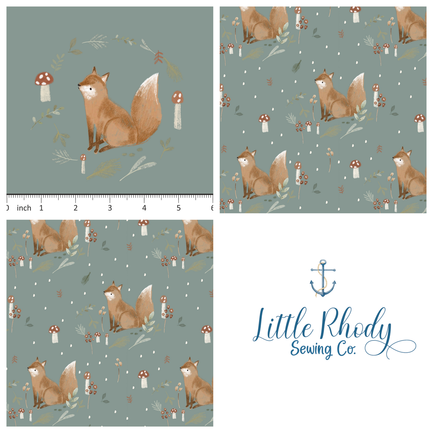 Lumelo and Ginger - Oaker - Fox - on Woodland - 3 panel Set - 1 panel artwork - 2 panels coordinating print