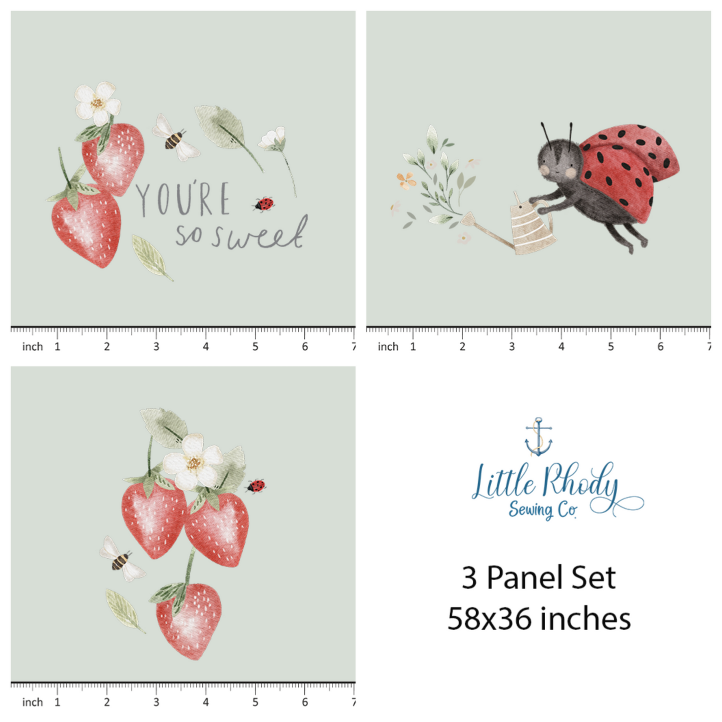 Lumelo and Ginger - Strawberries and Ladybugs - 3 Panel Set