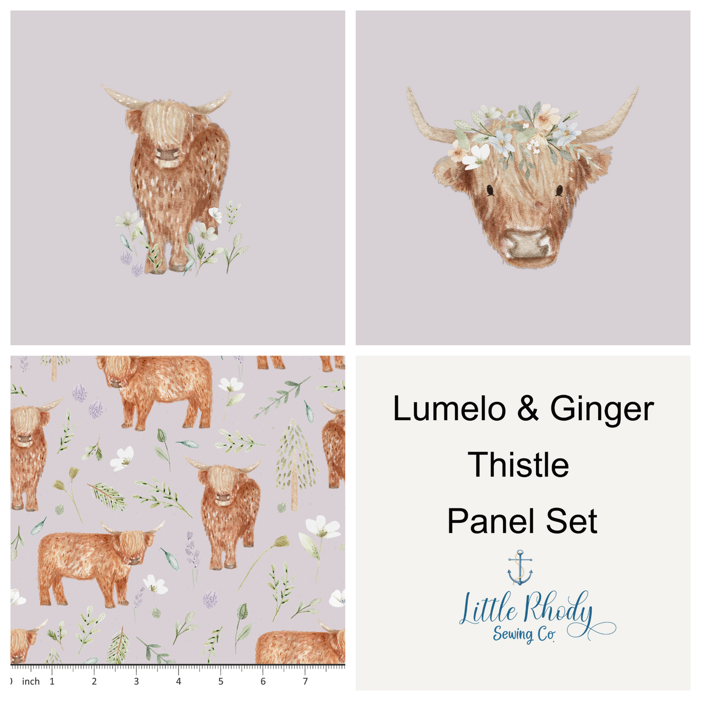 Lumelo and Ginger - Thistle - Highland Cow - 3 Panel set 58x36"