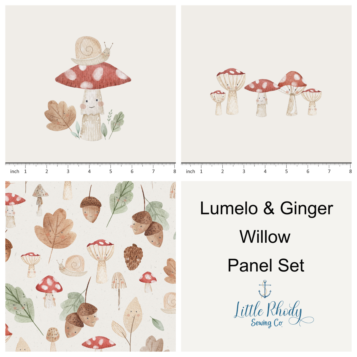 Lumelo and Ginger - Willow - on Ecru - 3 Panel Set 58x36"